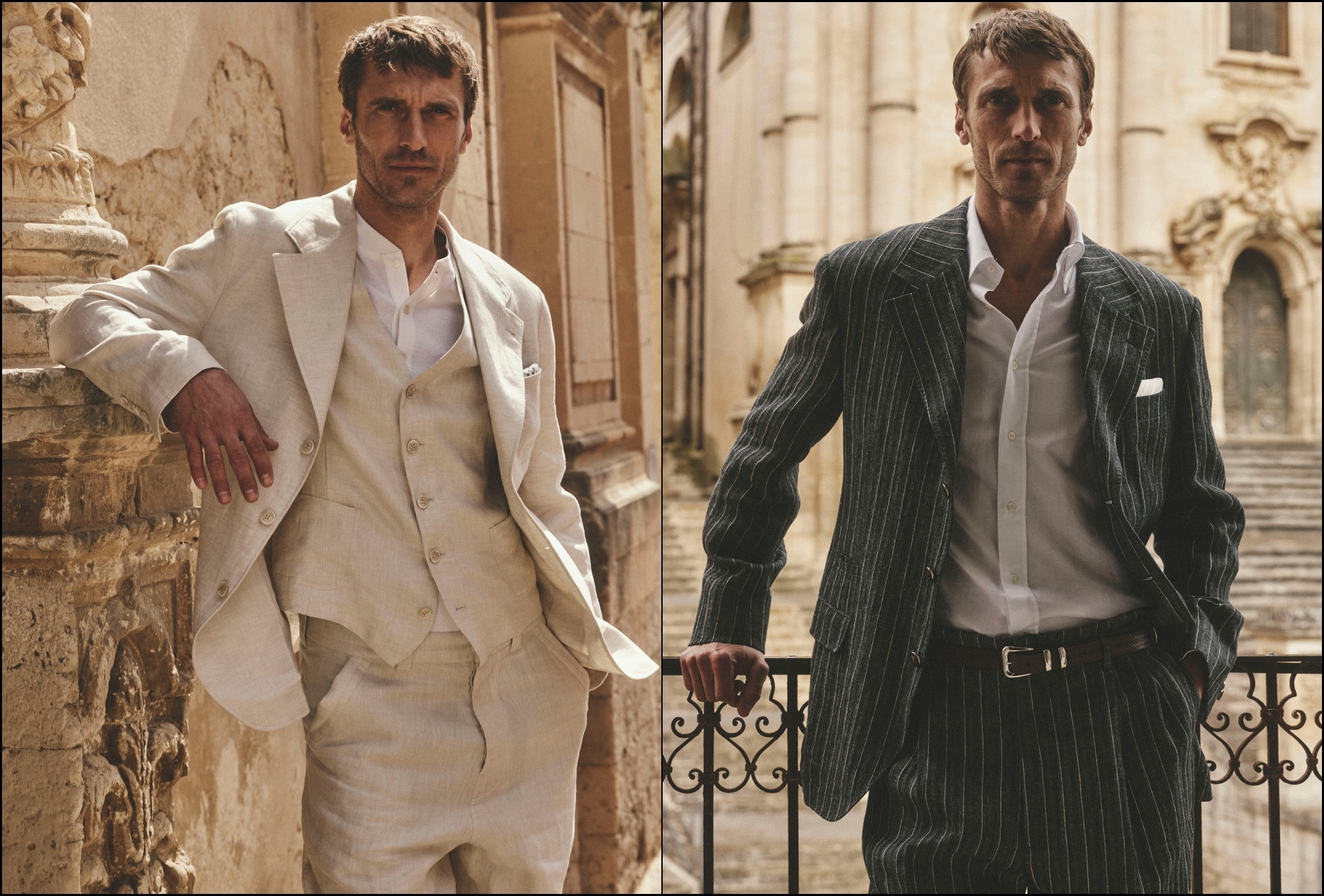 A collage of two images featuring a model wearing select pieces from the Brunello Cucinelli Mediterranea Summer 2026 collection