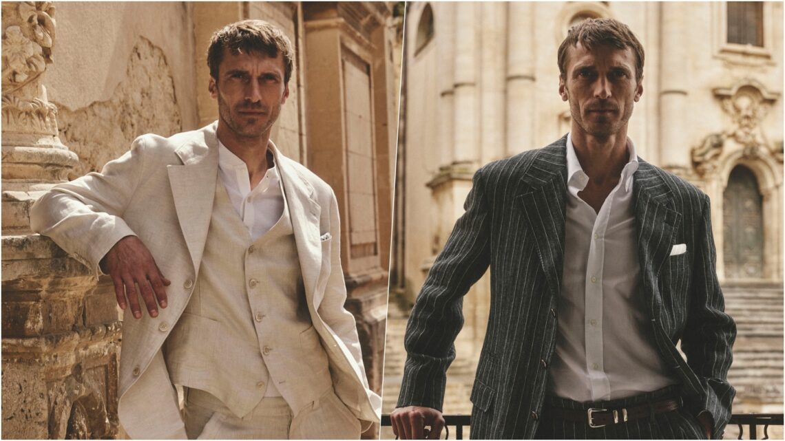 A collage of two images featuring a model wearing select pieces from the Brunello Cucinelli Mediterranea Summer 2026 collection