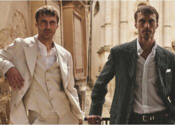 A collage of two images featuring a model wearing select pieces from the Brunello Cucinelli Mediterranea Summer 2026 collection