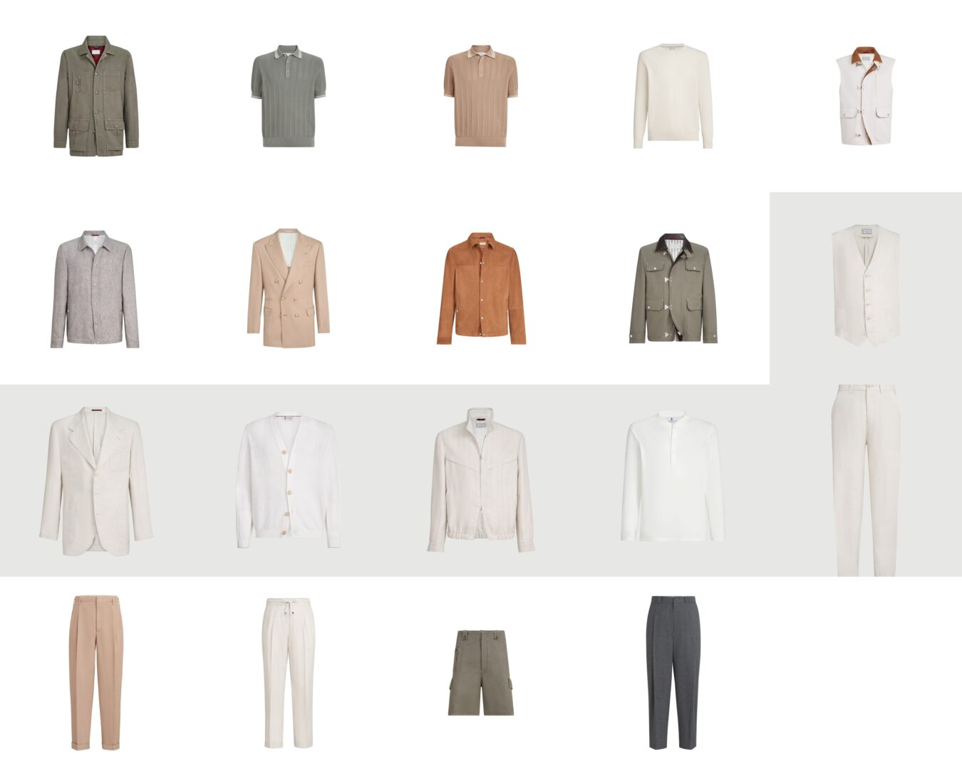 The range of apparel in the Brunello Cucinelli Mediterranea Summer 2026 collection