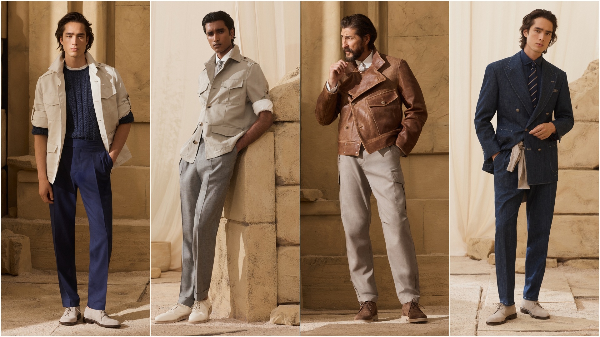 A collage of four images, with models wearing select pieces from the Brunello Cucinelli SS27 (Spring Summer 2027) Collection