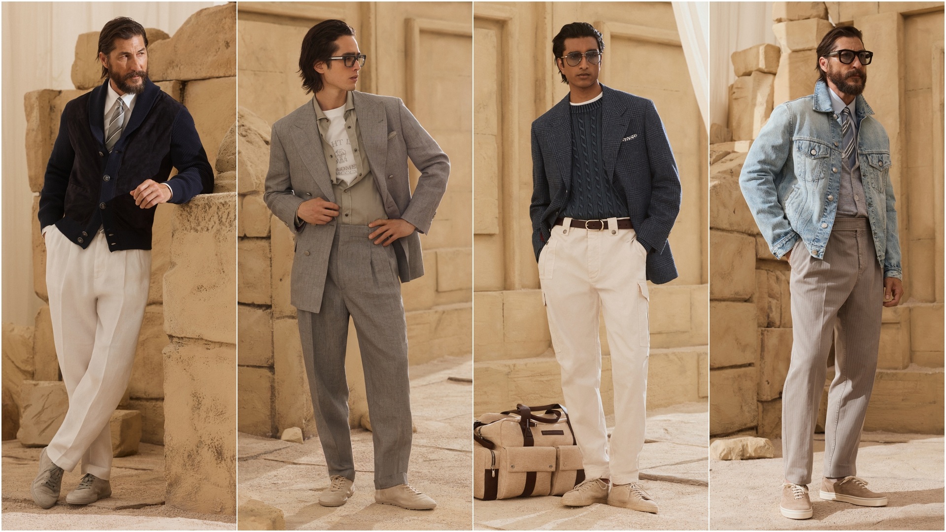 A collage of four images, with models wearing select pieces from the Brunello Cucinelli SS27 (Spring Summer 2027) Collection