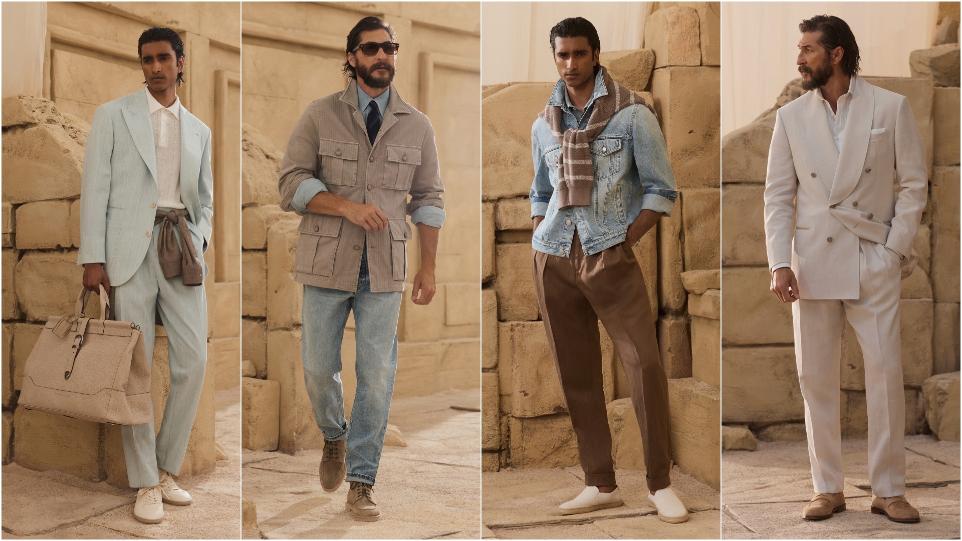 A collage of four images, with models wearing select pieces from the Brunello Cucinelli SS27 (Spring Summer 2027) Collection