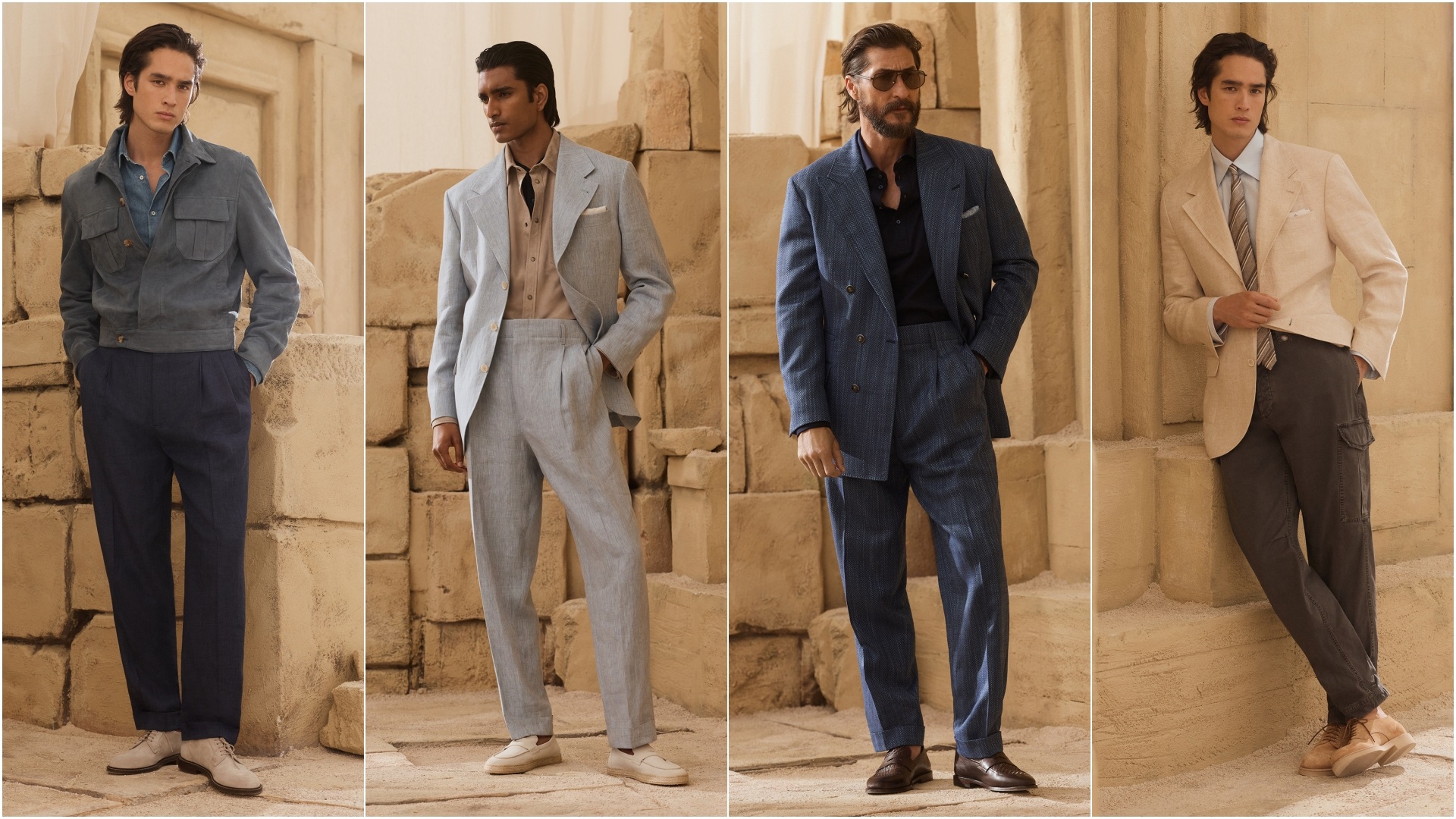 A collage of four images, with models wearing select pieces from the Brunello Cucinelli SS27 (Spring Summer 2027) Collection