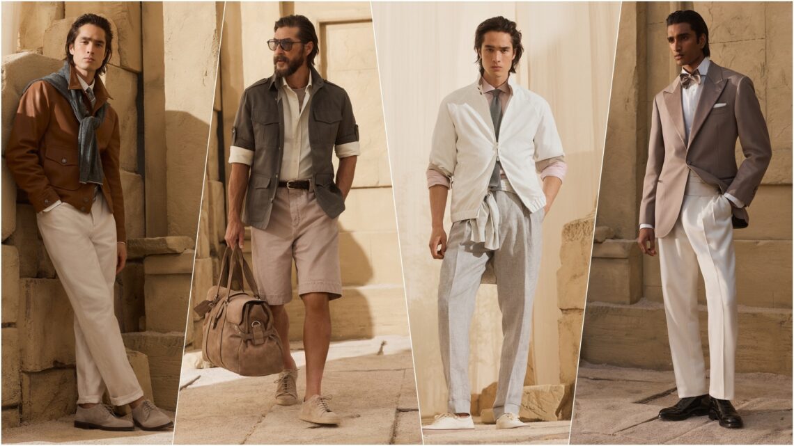 A collage of four images, with models wearing select pieces from the Brunello Cucinelli SS27 (Spring Summer 2027) Collection