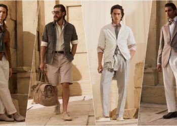 A collage of four images, with models wearing select pieces from the Brunello Cucinelli SS27 (Spring Summer 2027) Collection