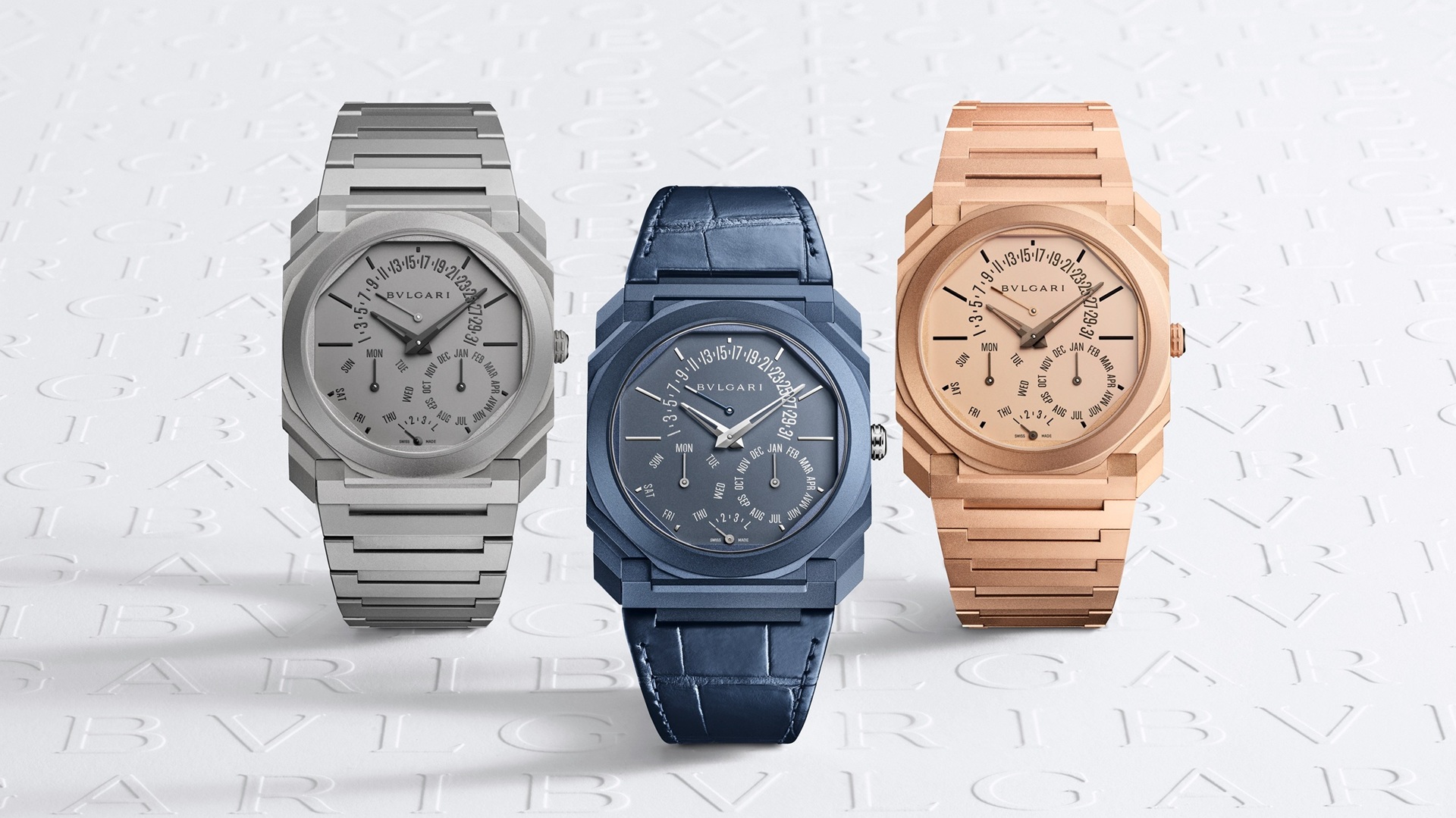 Bvlgari Octo Finissimo Perpetual Calendar in monochromatic blue.