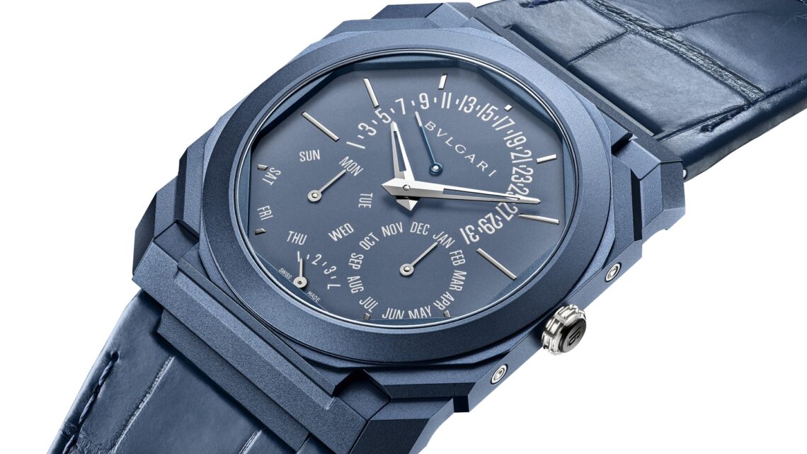 Bvlgari Octo Finissimo Perpetual Calendar in monochromatic blue.