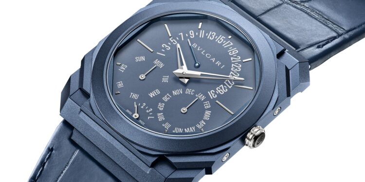 Bvlgari Octo Finissimo Perpetual Calendar in monochromatic blue.