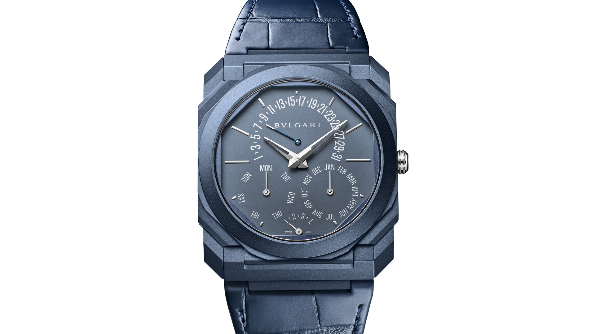 Bvlgari Octo Finissimo Perpetual Calendar in monochromatic blue.