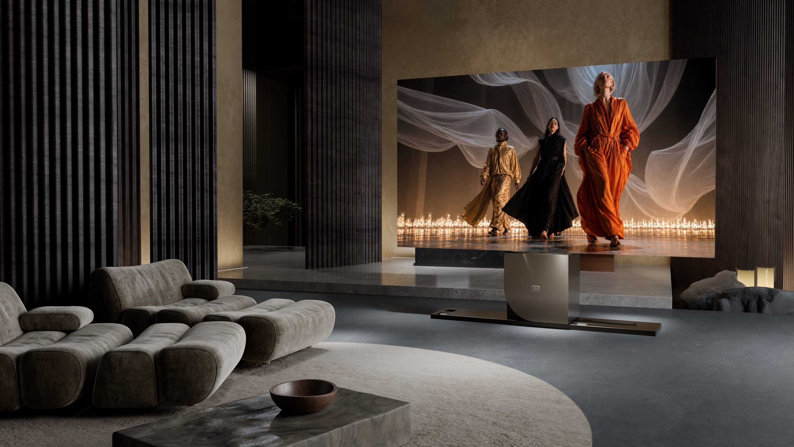 The C SEED BUGATTI N1 - standing position with its display fully assembled and TV on