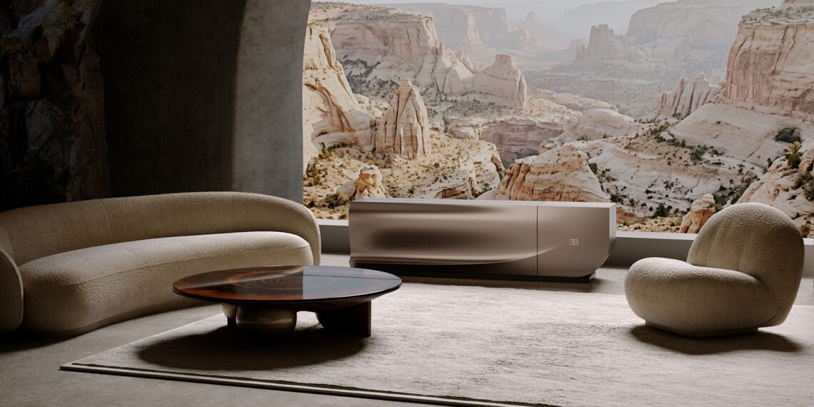 The C SEED BUGATTI N1 - positioned as a sideboard in a living room with hills in the backdrop