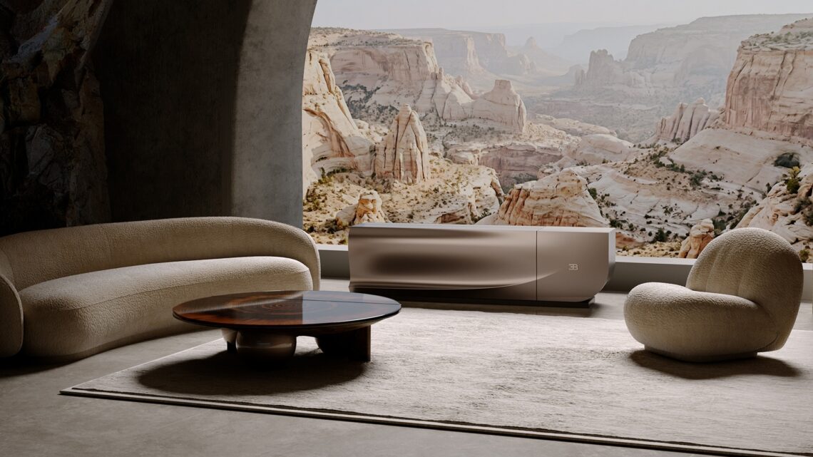 The C SEED BUGATTI N1 - positioned as a sideboard in a living room with hills in the backdrop