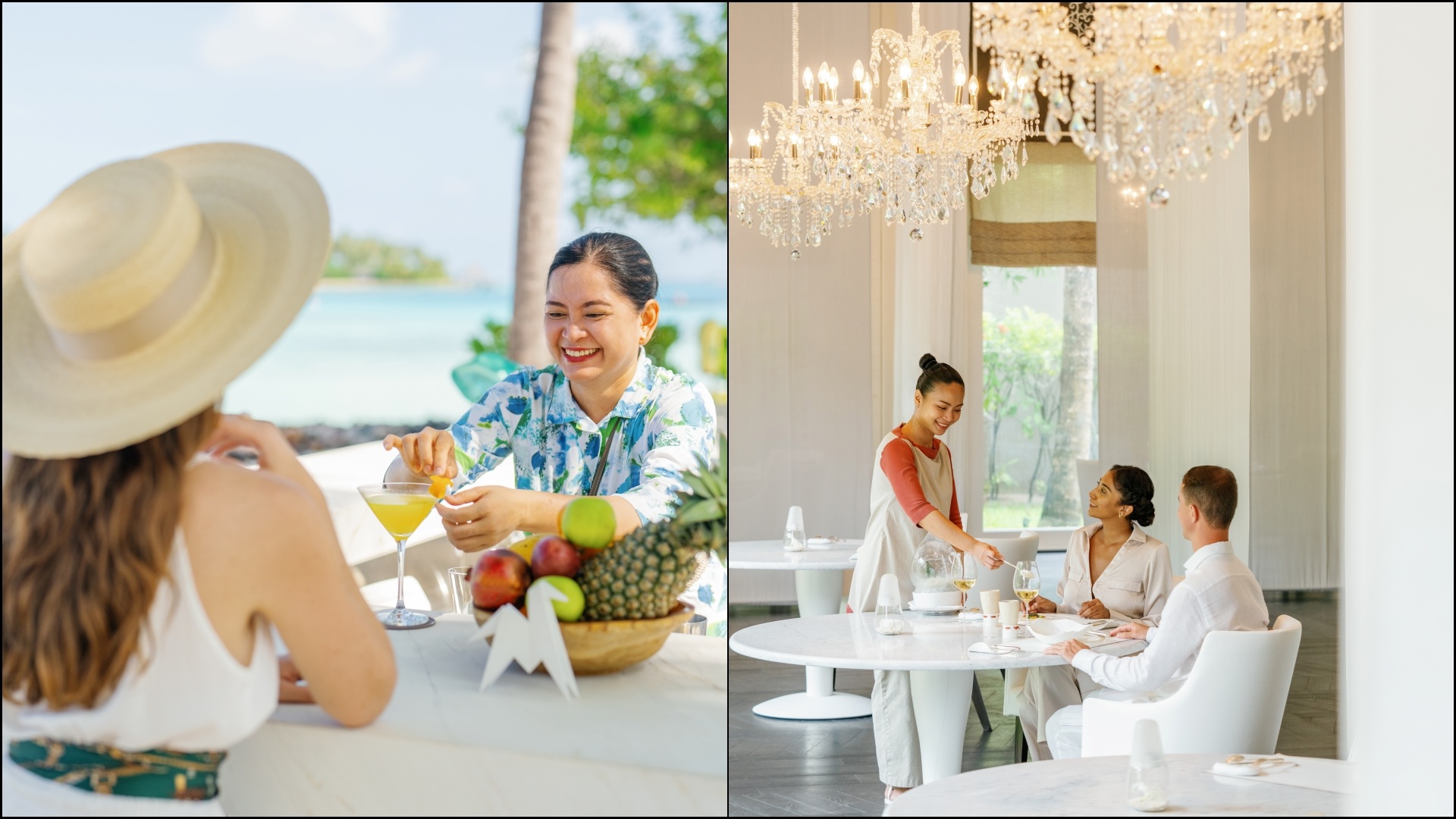 A collage of two options showcasing the dining options at Cheval Blanc Randheli