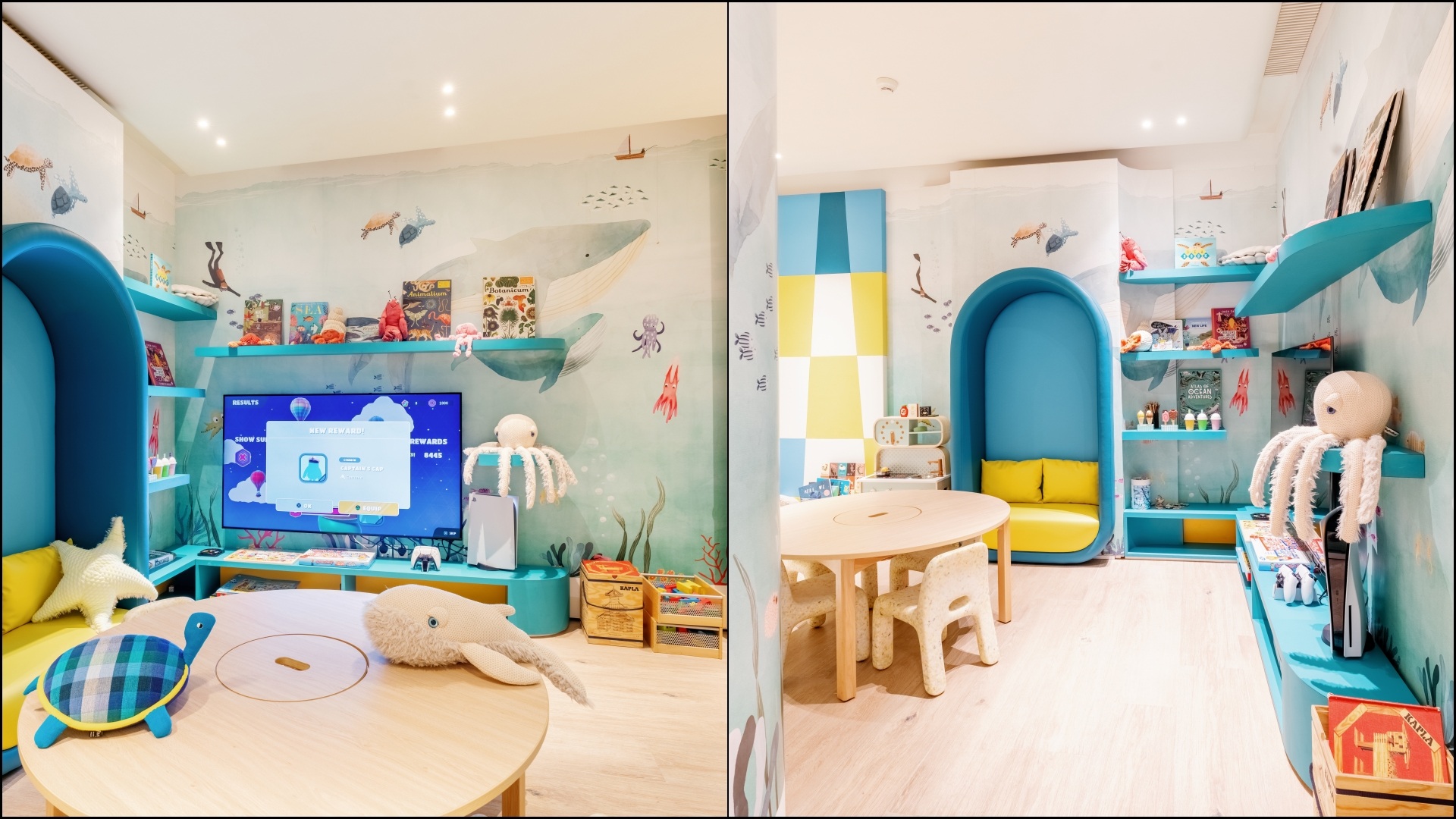 A collage of two images of the Kids Room at Seaplane Lounge at Cheval Blanc Randheli