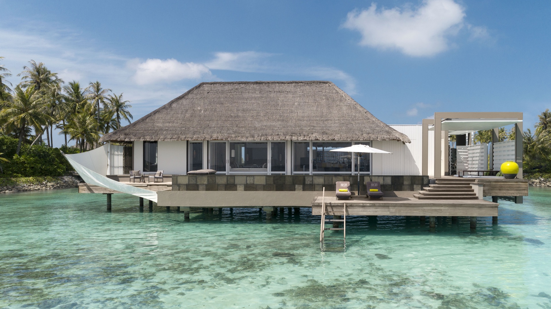 An exterior image of the Water Villa, with one bedroom, at Cheval Blanc Randheli