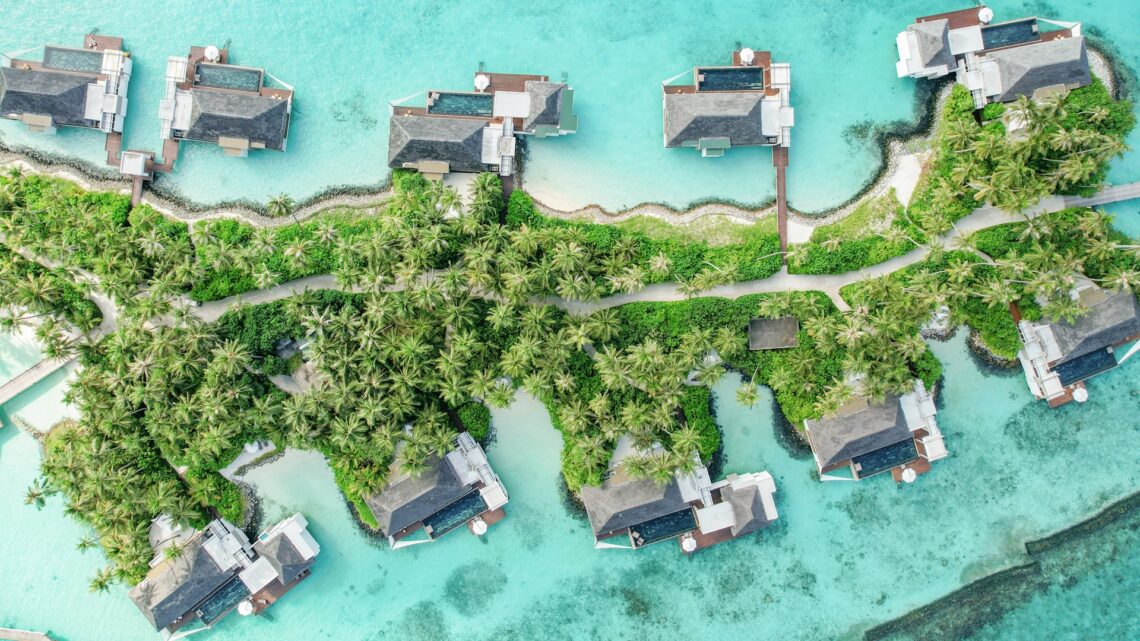An aerial shot of the Water Villas at the Cheval Blanc Randheli