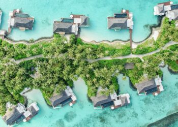 An aerial shot of the Water Villas at the Cheval Blanc Randheli