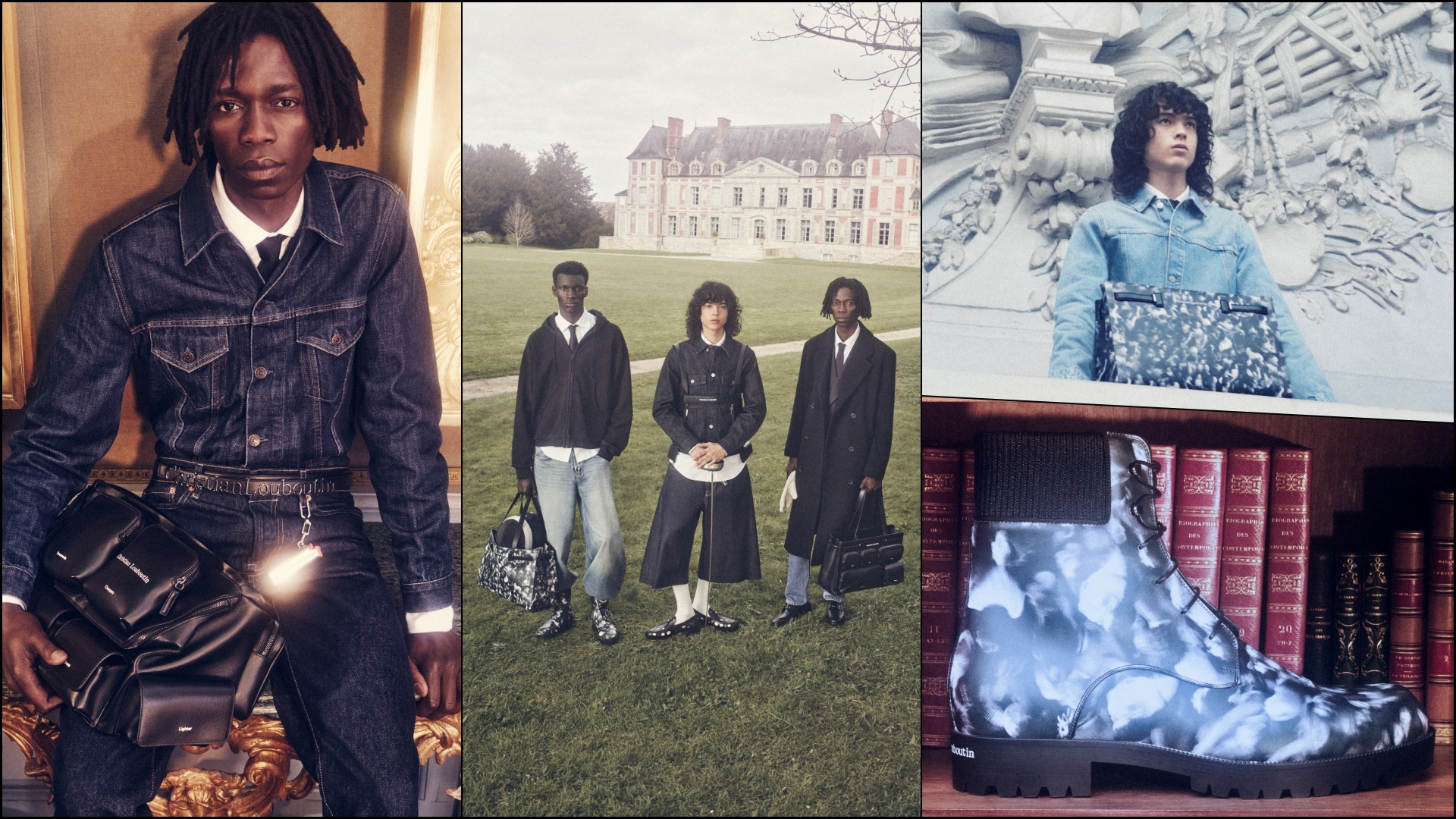 A collage of four images, with models sporting select items from the Christian Louboutin Fall-Winter 2026 Collection in three, and fourth of a pair of sneakers kept in a bookshelf