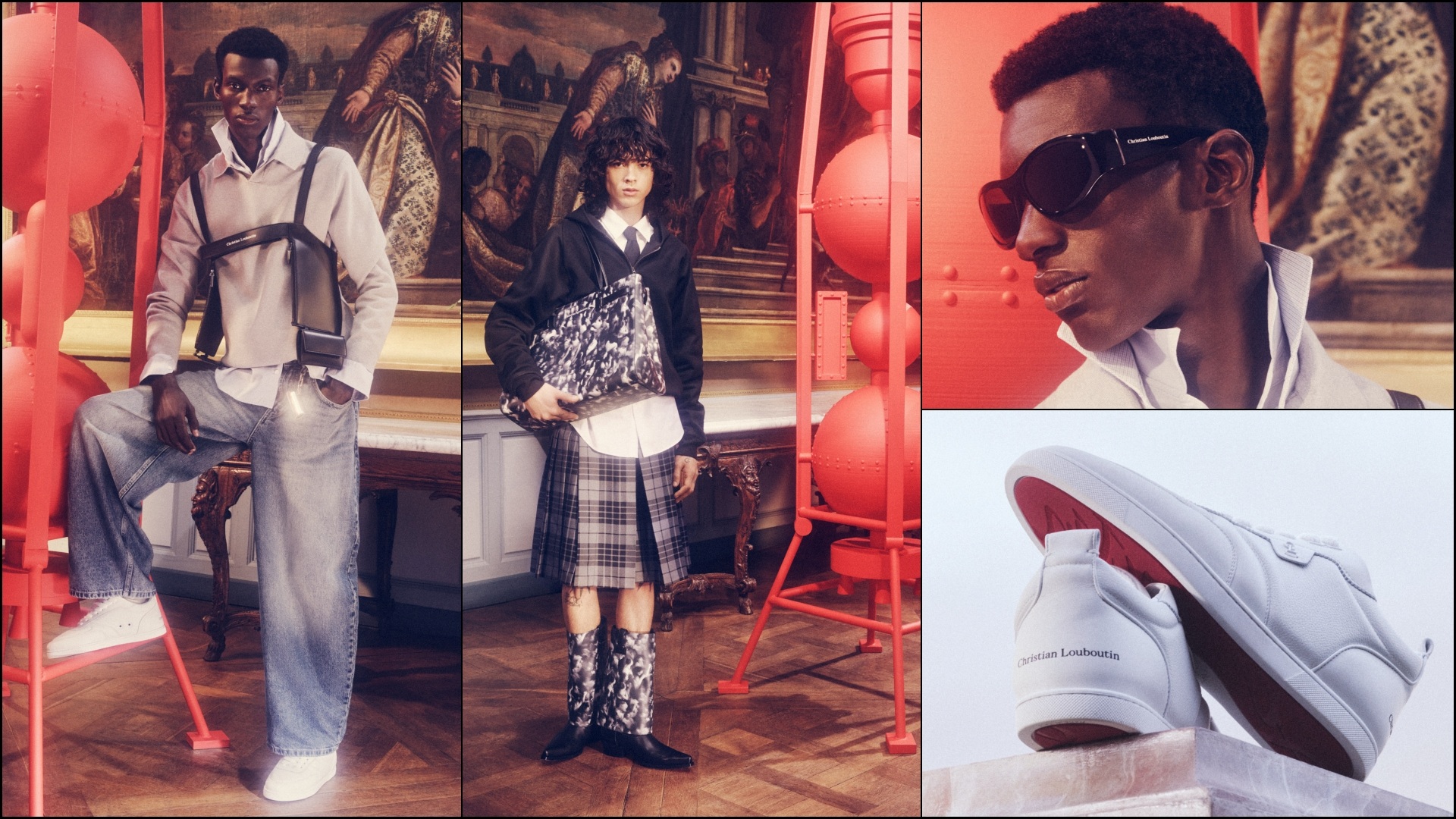 A collage of four images, with models sporting select items from the Christian Louboutin Fall-Winter 2026 Collection in three, and fourth of a pair of sneakers kept on a ledge