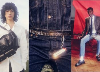 A collage of three images, with models sporting select items from the Christian Louboutin Fall-Winter 2026 Collection