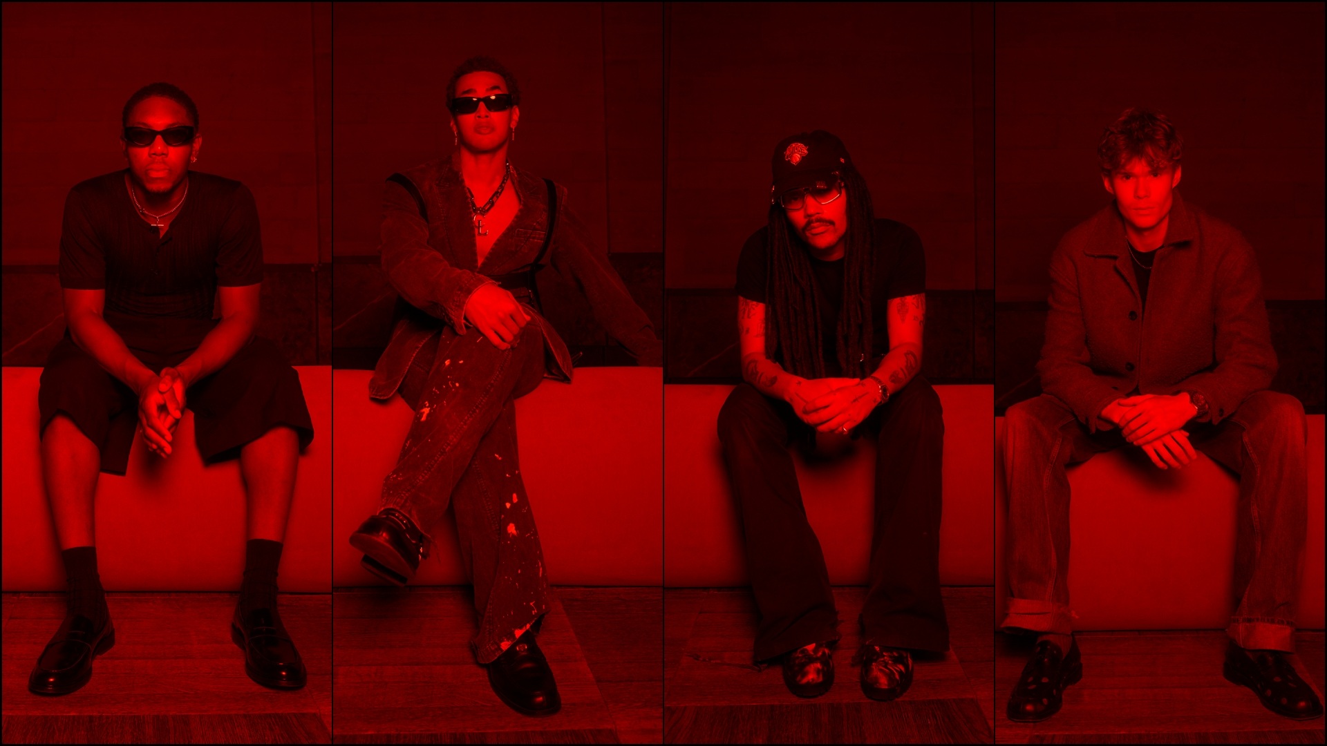 A collage of four images, showcasing select pieces from the Christian Louboutin Men's SS27 collection