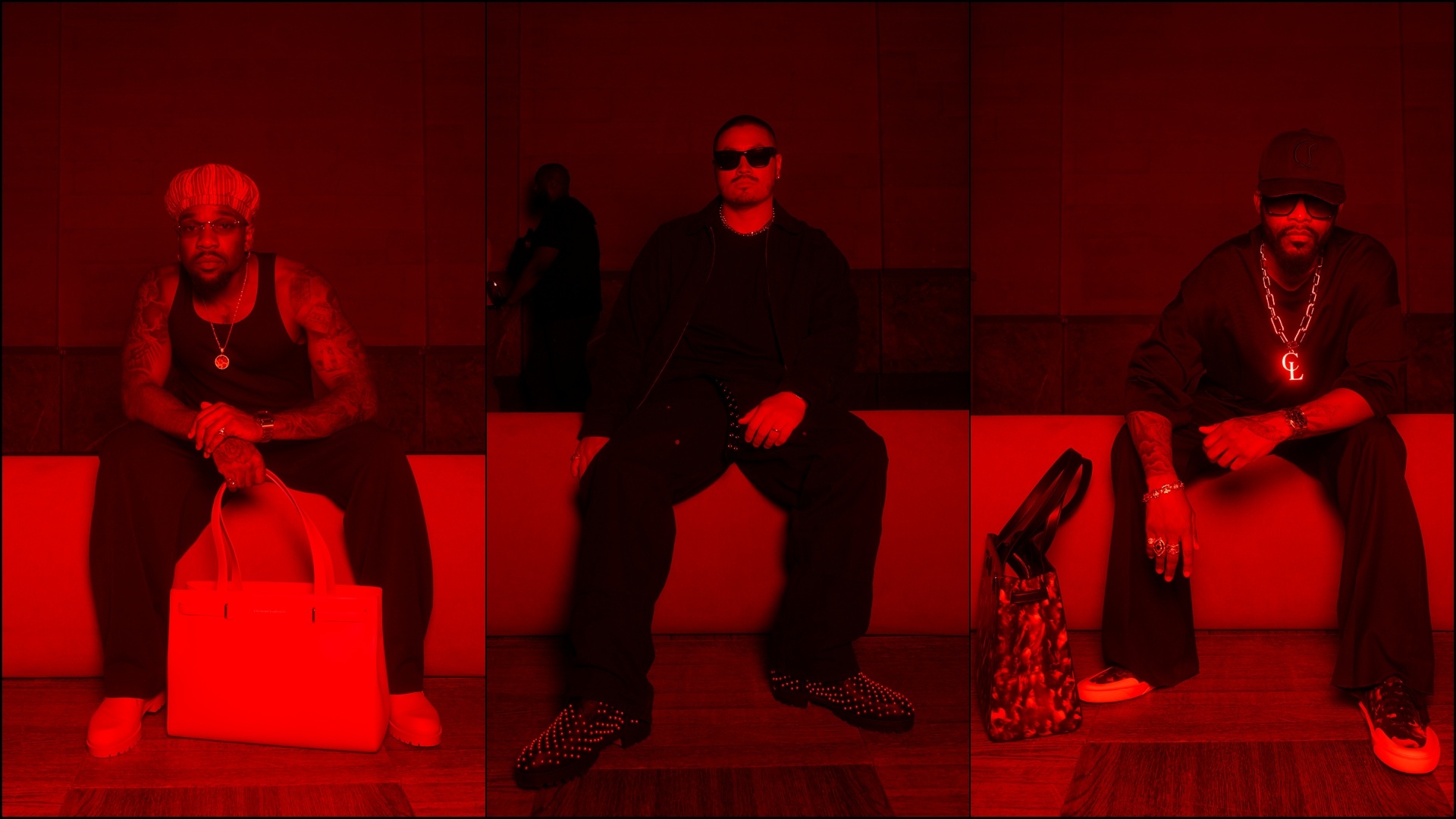 A collage of three images, showcasing select pieces from the Christian Louboutin Men's SS27 collection