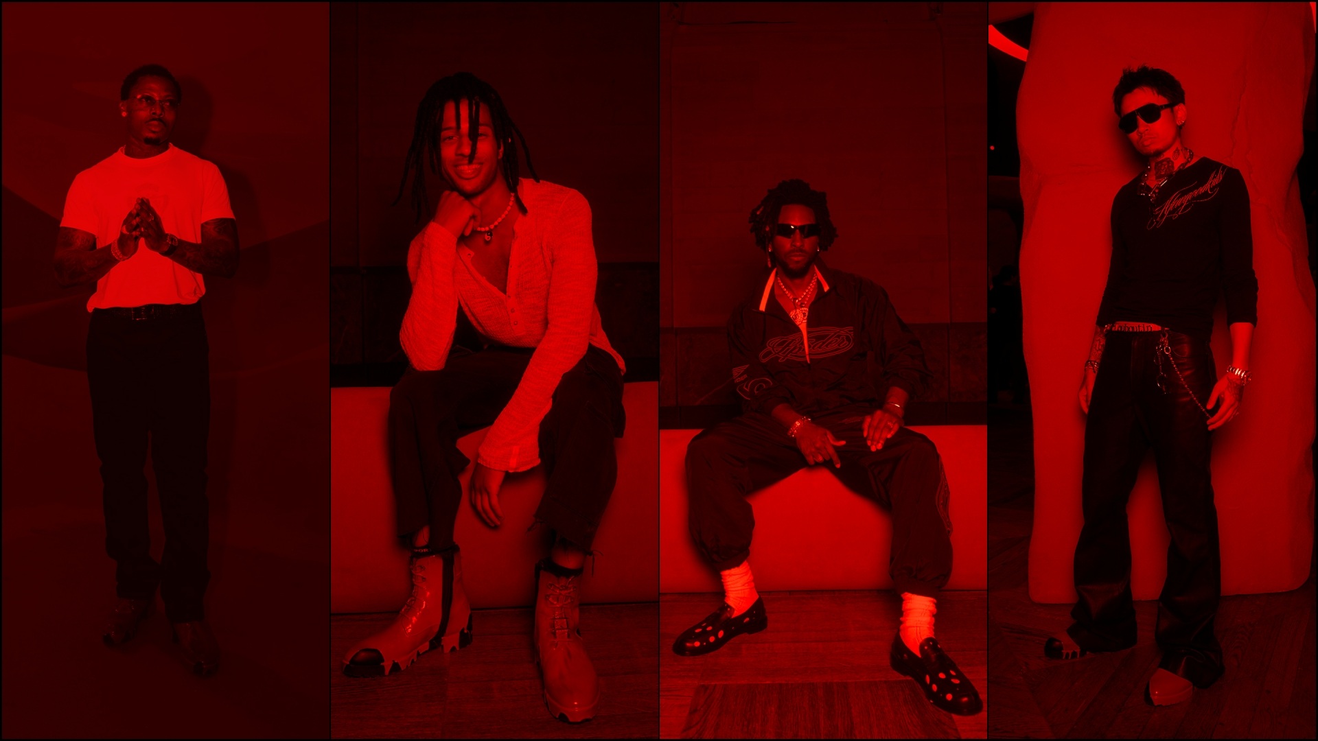 A collage of four images, showcasing select pieces from the Christian Louboutin Men's SS27 collection