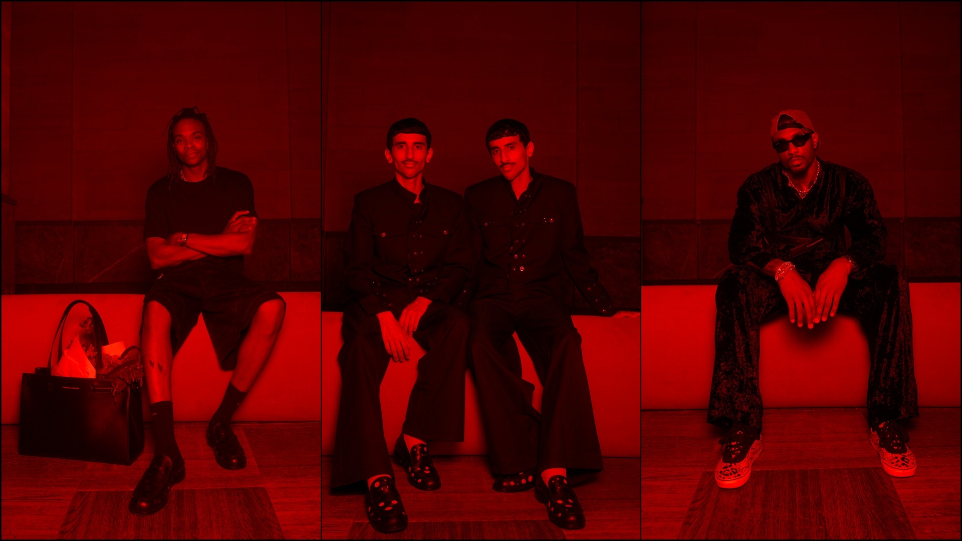 A collage of three images, showcasing select pieces from the Christian Louboutin Men's SS27 collection