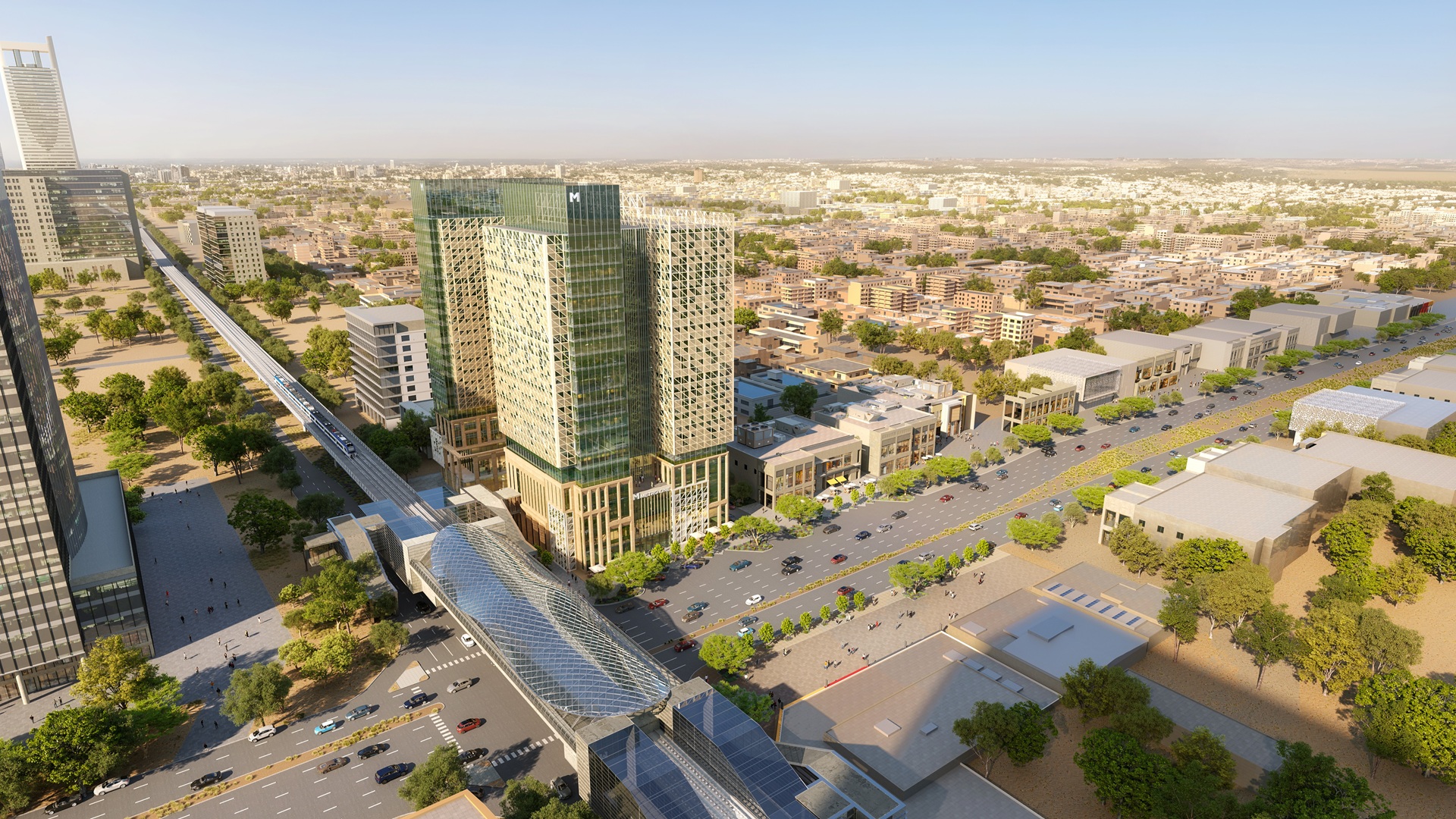 Wide angle render by Blacksand and Marriott of a Courtyard by Marriott and Residence Inn by Marriott in Riyadh, next to a wide road and train station