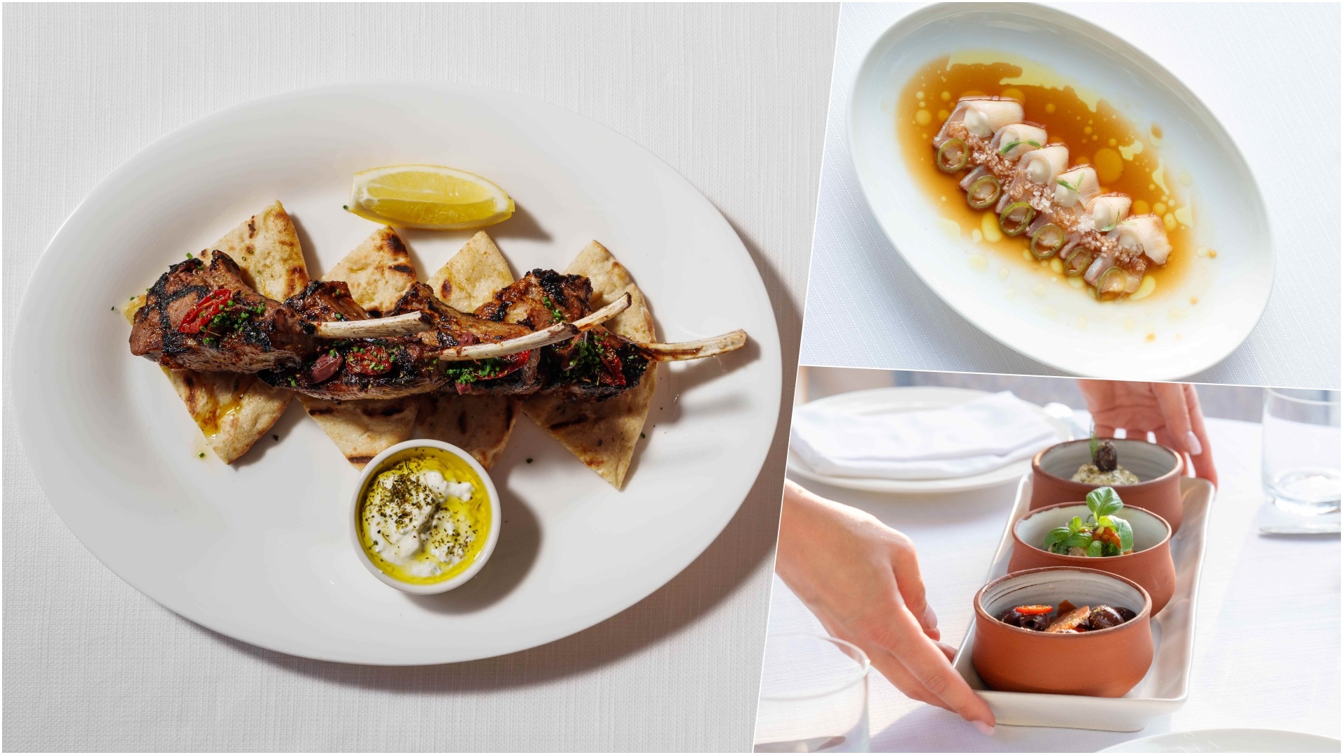 A collage of three images, showcasing some of the presentation of served dishes at the GAIA Saint-Tropez in La Tartane