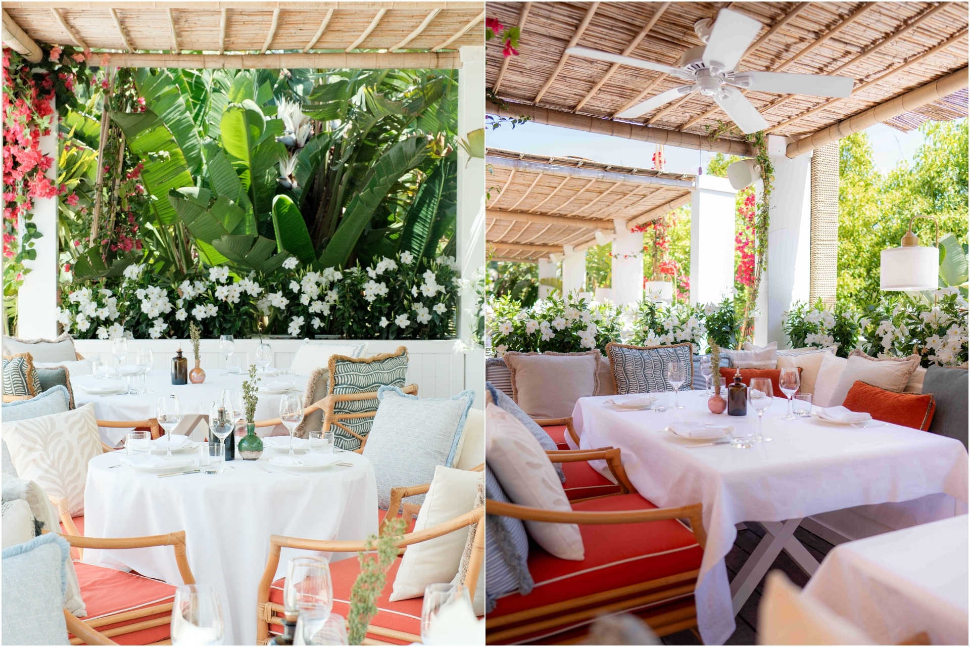 A collage of two images, showcasing the sitting arrangements at GAIA Saint-Tropez in La Tartane