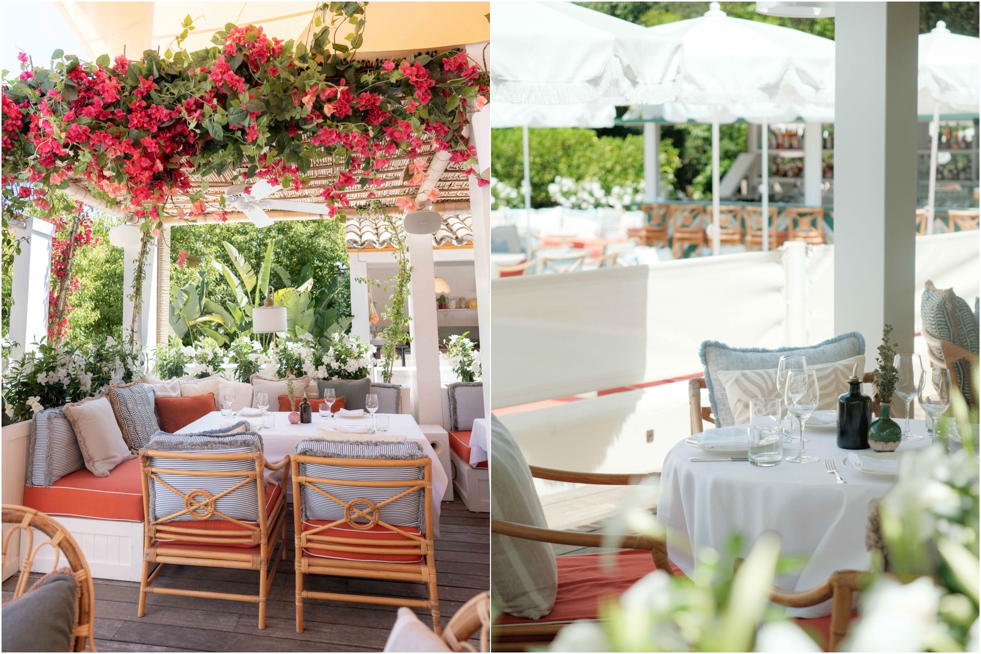 A collage of two images, showcasing the sitting arrangements at GAIA Saint-Tropez in La Tartane