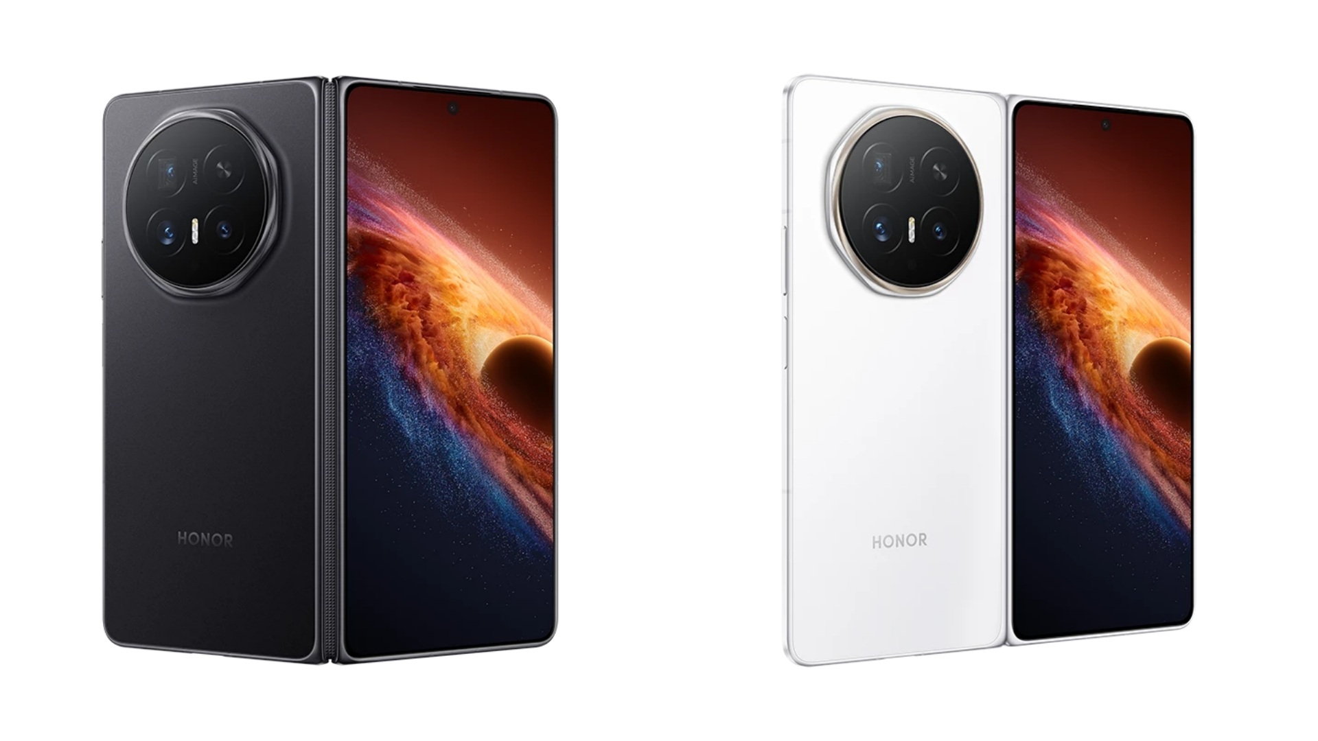 A collage of two images, both with the HONOR Magic V6 unfolded and shot from the back.