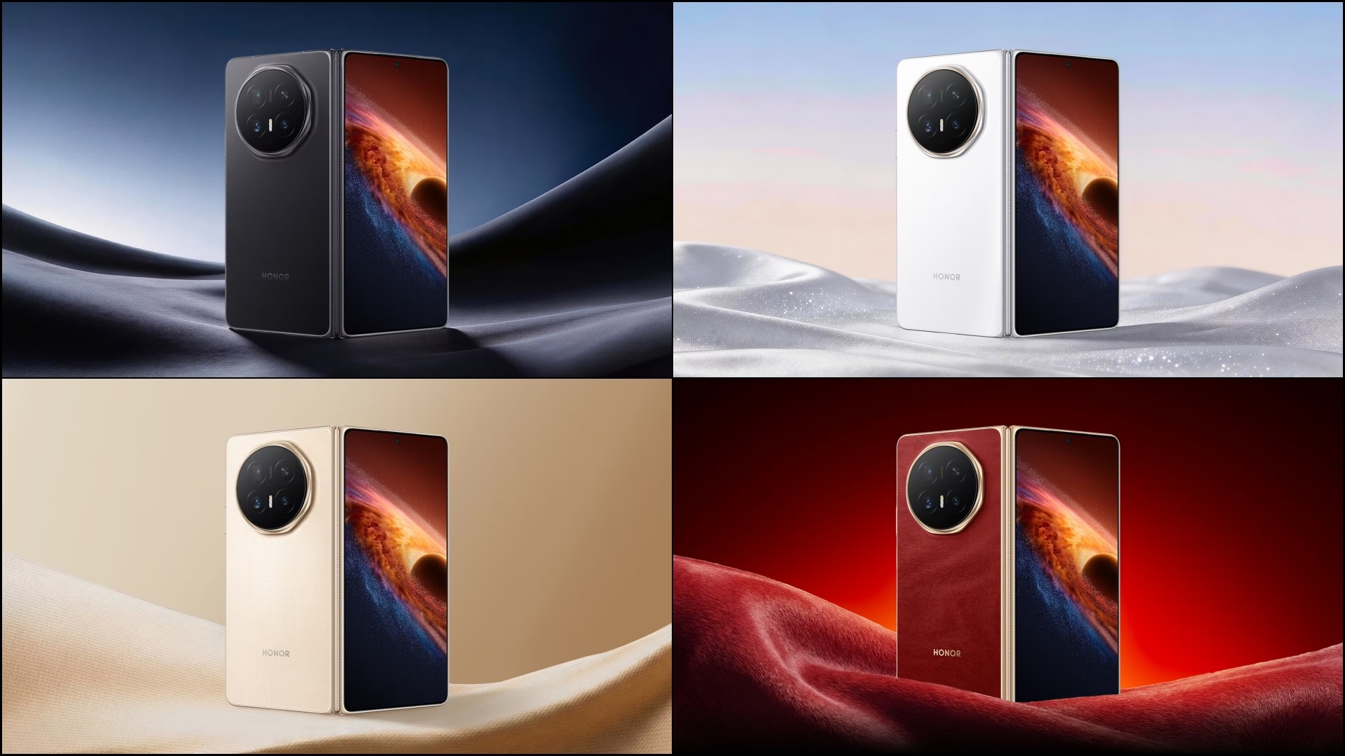 A collage of four images, showcasing the colour options for the HONOR Magic V6 - Black, White, Gold, and Red