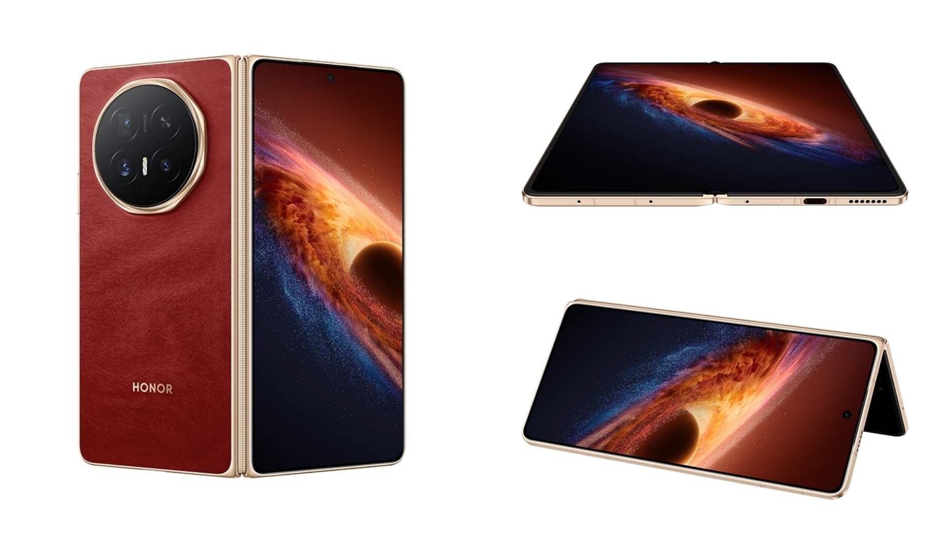 A collage of three images, all for the HONOR Magic V6 in red.