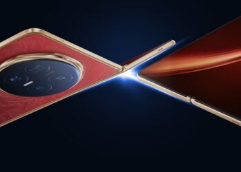 The HONOR Magic V6 in red, shown unfolded from both sides