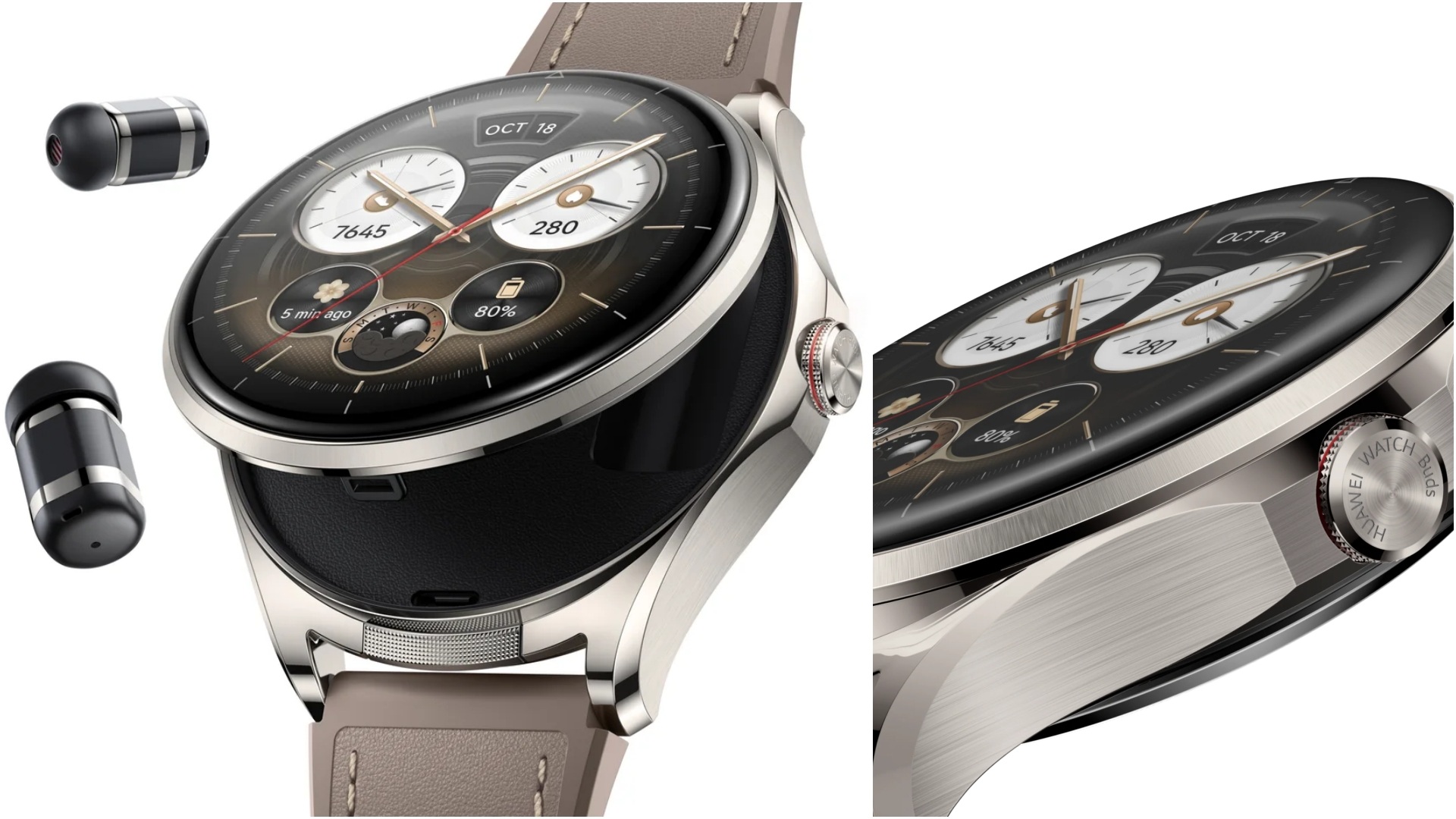 A collage of two images, with the left showcasing the earbuds out of the watch, and the right one focuses on the crown of the HUAWEI WATCH Buds 2