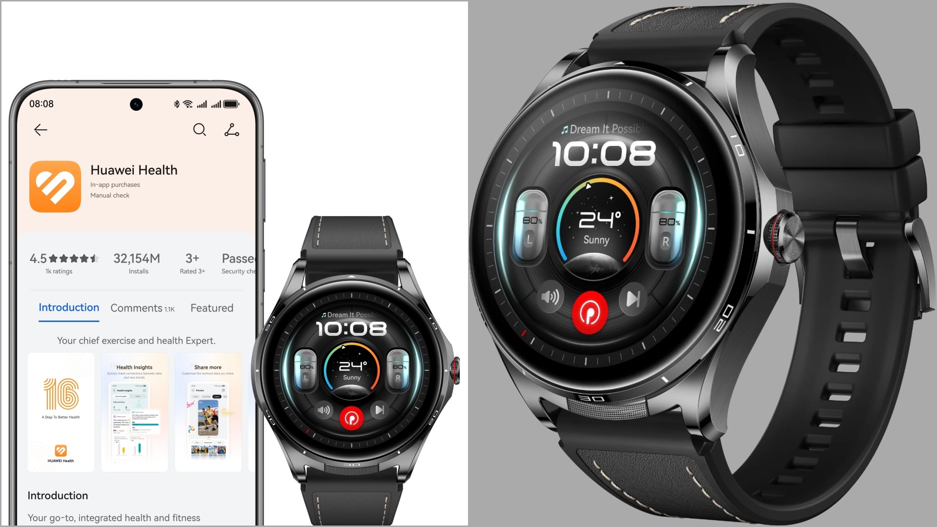A collage of two images, with the left one showing the supporting application along with a black HUAWEI WATCH Buds 2, and the right one a complete image of the same black smartwatch.