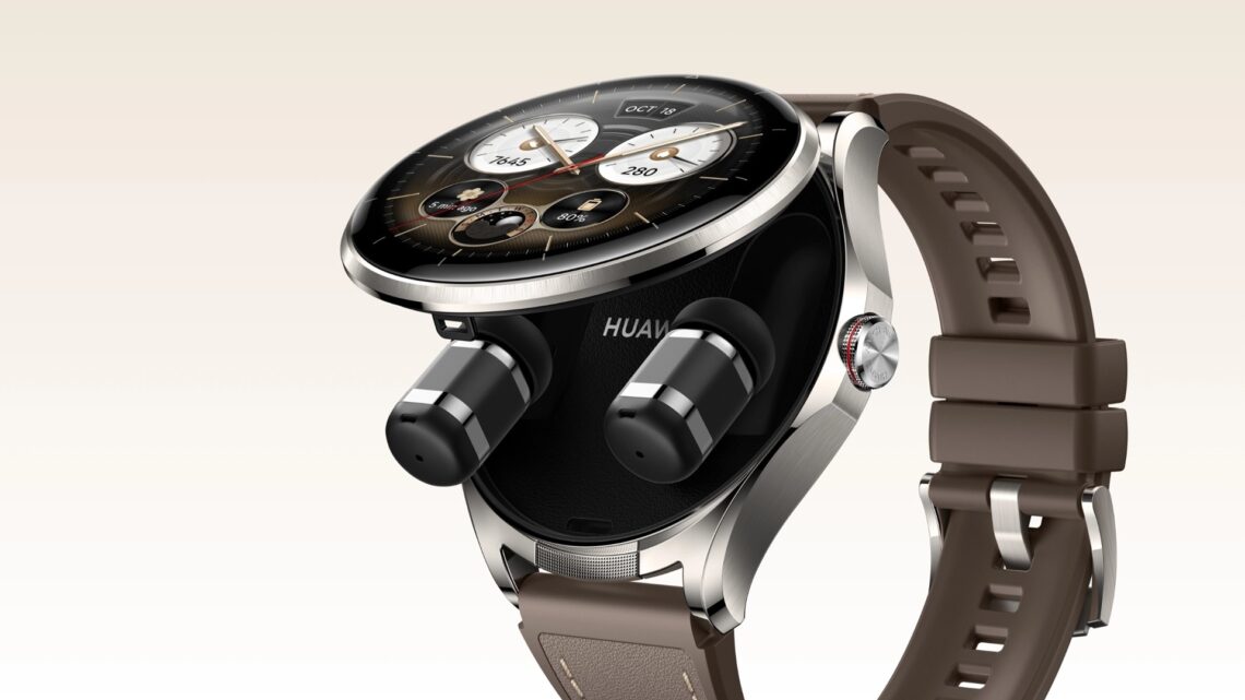 A brown HUAWEI WATCH Buds 2, with its face flipped open and the earbuds popping out.