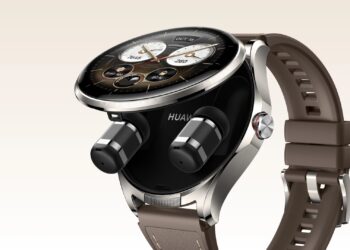 A brown HUAWEI WATCH Buds 2, with its face flipped open and the earbuds popping out.
