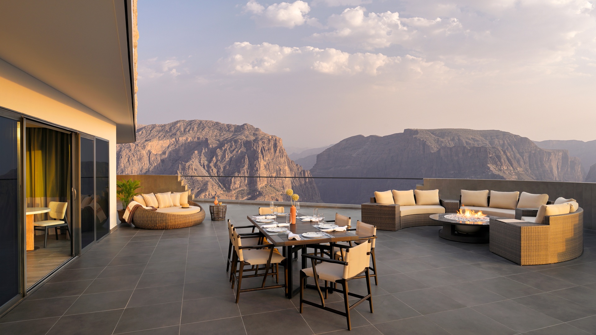 The view from a room's outdoor deck at Hotel Indigo Jabal Akhdar Resort & Spa in Oman