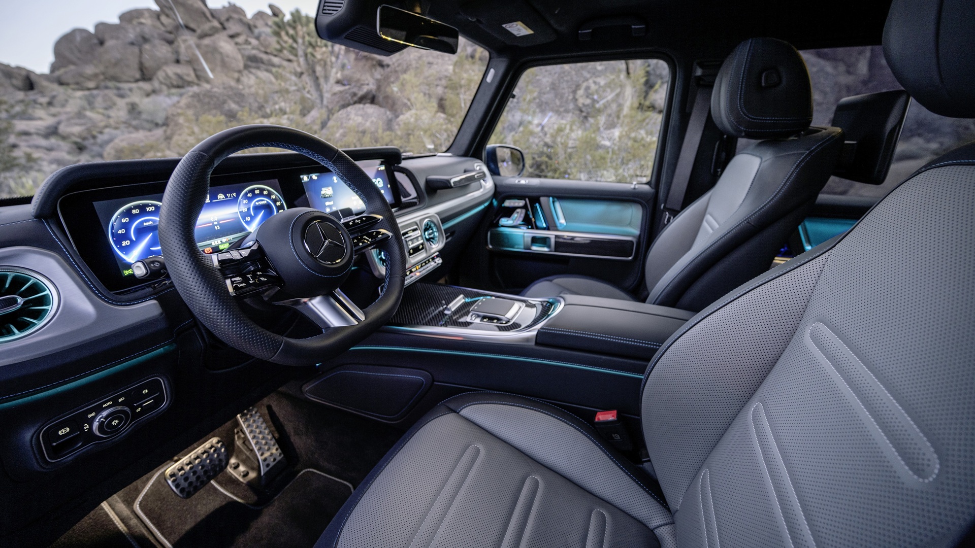 Interior shot of the dashboard, taken from the driver's side, of a Mercedes-Benz G 580, the Electric G-Wagen