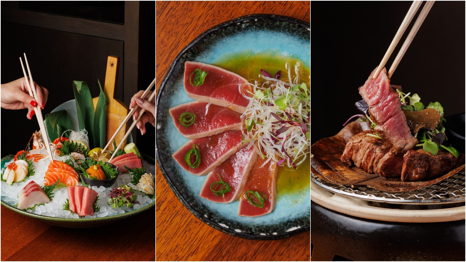 A collage of three images, showcasing the Asian dishes available at Novikov Mayfair