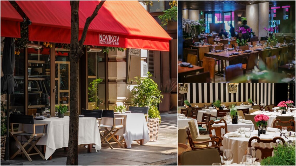 A collage of three images, with the exterior of the Novikov Mayfair, and the interior ambience of its Asian and Italian sections.