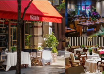 A collage of three images, with the exterior of the Novikov Mayfair, and the interior ambience of its Asian and Italian sections.