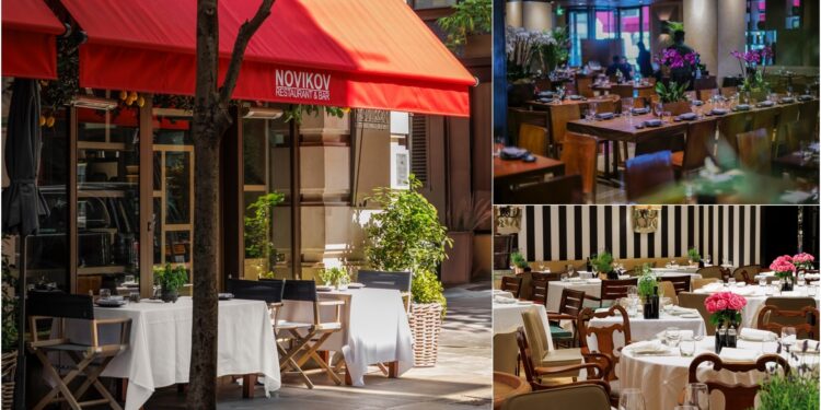 A collage of three images, with the exterior of the Novikov Mayfair, and the interior ambience of its Asian and Italian sections.