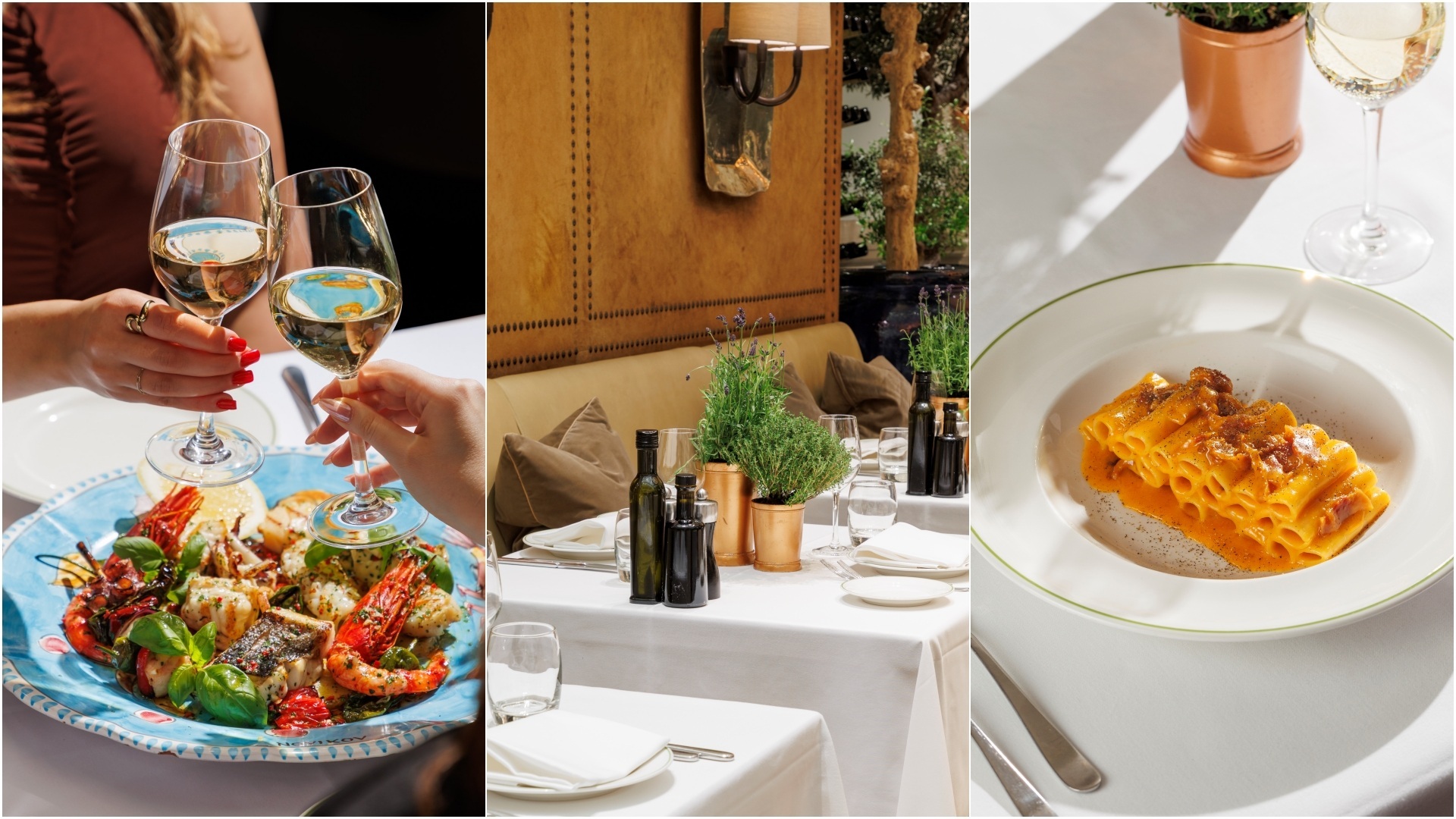 A collage of three images, showcasing the Italian dishes and the seating accommodation available at Novikov Mayfair