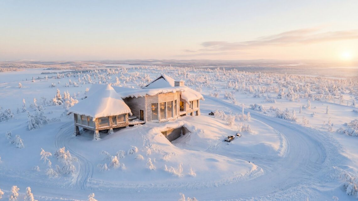 Aerial wide shot of the Octola III, located in the Finnish Lapland