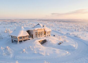 Aerial wide shot of the Octola III, located in the Finnish Lapland
